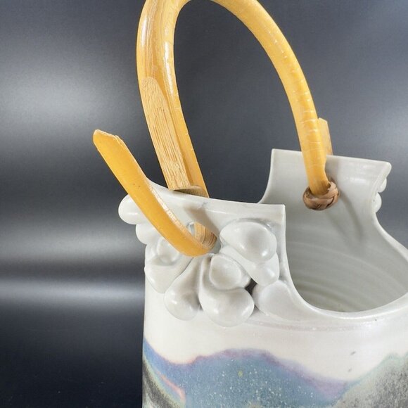 Studio Art Pottery Basket Vase With Wood Handle Artist Signed Ceramic Vintage - Picture 12 of 16